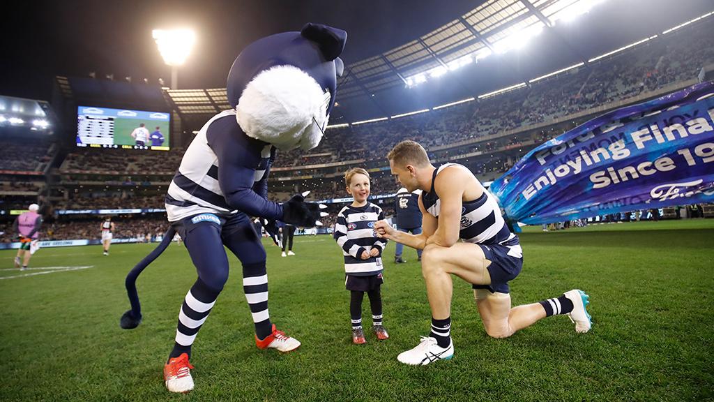 2019_09_11_COM_HERO.jpg Noah with Joel Selwood and Half Cat. - Geelong Cats